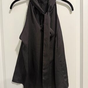 Aqua Elegant Black Tie-Neck Blouse